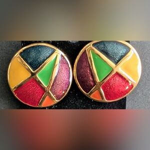 Vintage Musi Gold Toned Enamel Clip on Earrings Vibrant Multi Colored